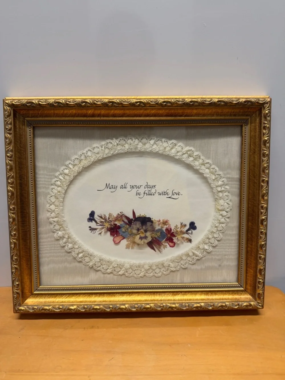 Framed Floral Sentiment Wall Art - Gold Frame, Cream Lace Mat grandmacore
